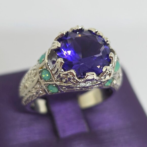 Faux Purple Amethyst Green Opal Filigree Silver Cocktail Ring Marked 925 SZ 7.25 - Picture 5 of 13